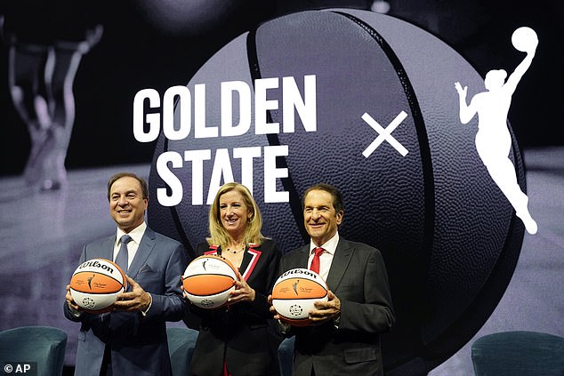 From left to right: Warriors CEO Joe Lacob, WNBA Commissioner Cathy Engelbert and Peter Guber