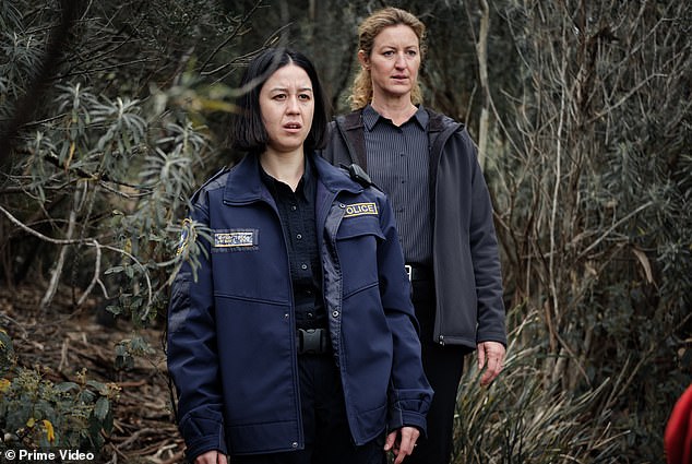 Also appearing in the cast of Deadloch is Nina Oyama from ABC's hit Utopia (pictured in a scene from Deadloch with Kate Box, right)