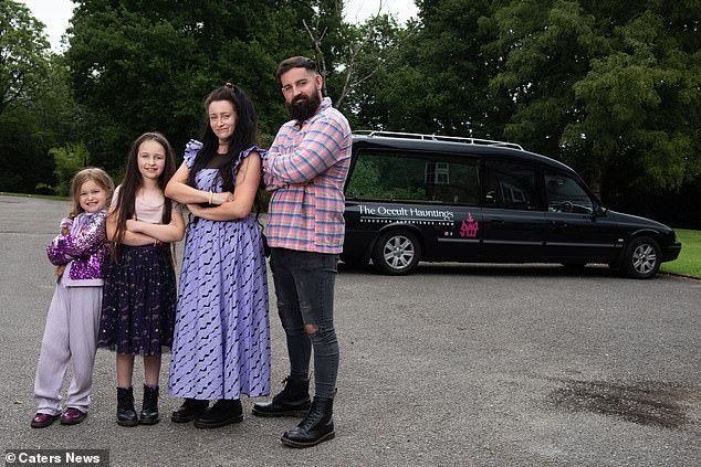 A real Addams family quits their high-paying teaching job so they can dedicate their lives to ghost hunting.  Jon-Paul Kenny and his partner Kymmi Jeffrey talked about how they search for the unexplained mysteries of the paranormal.  Above: The family with their hearse, called Mortica