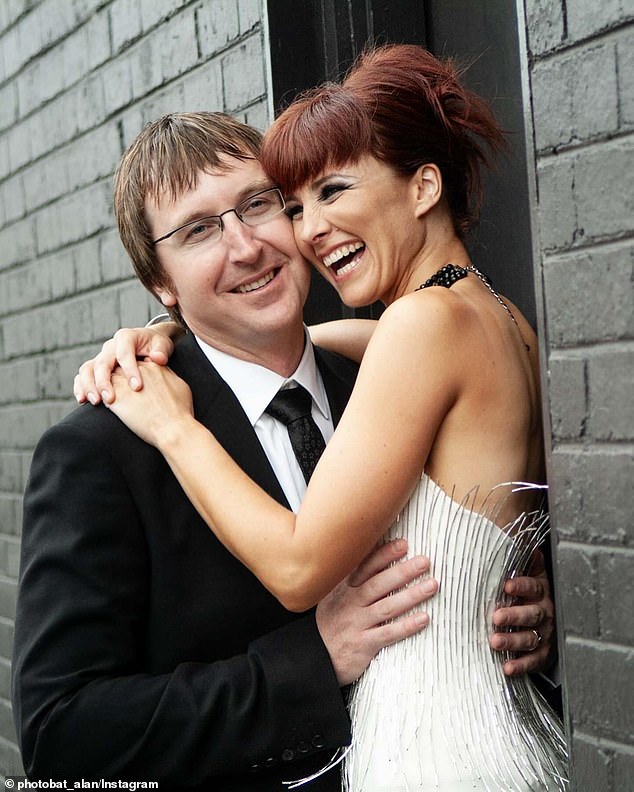 Beloved comedian Cal Wilson, who died tragically on Wednesday aged 53, is survived by her husband Chris Woods and their teenage son Digby.  Pictured: Cal and Chris on their wedding day in 2003