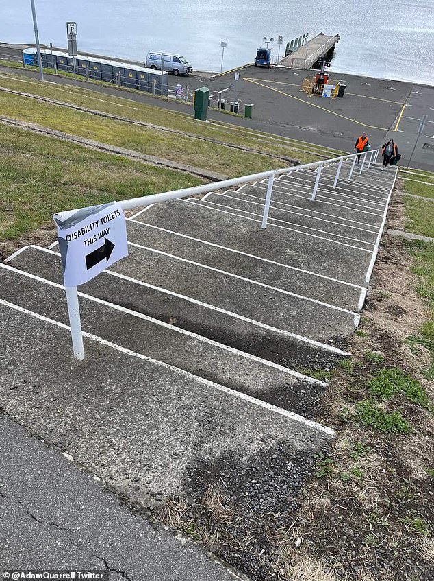 Someone attending the Royal Hobart Show on Thursday allegedly moved a sign for the disabled toilets to the top of a staircase, sparking outrage online