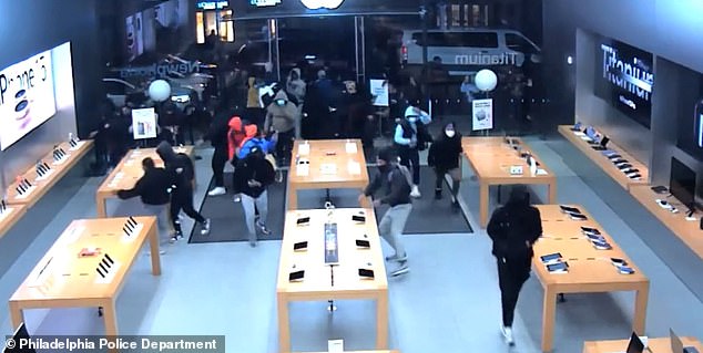 New surveillance footage shows brazen brutes rioting through the Apple Store in downtown Philadelphia