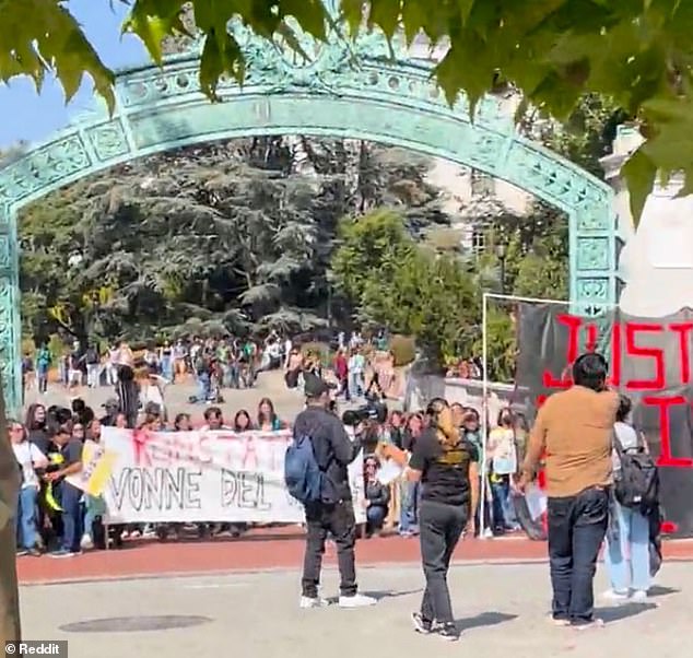 Students are seen in Berkeley protesting and calling for del Valle's reinstatement