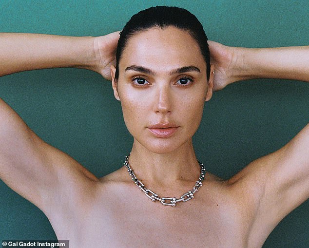 Va va voom: Gal Gadot remained topless in a promotional photo for Tiffany & Co.  which was shared on her Instagram account on Thursday