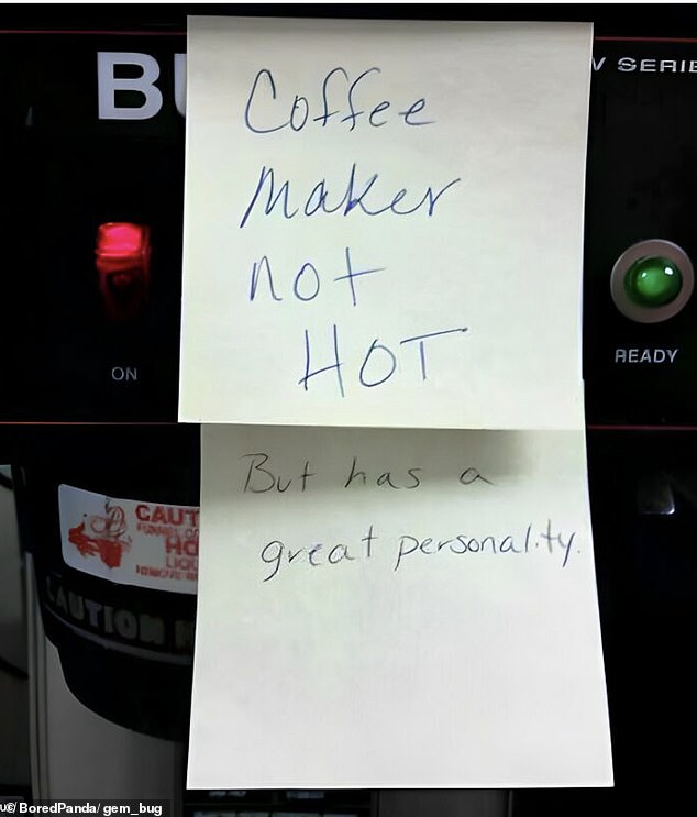 Latte laughs!  When someone put a note on the coffee machine, another witty employee couldn't help but respond