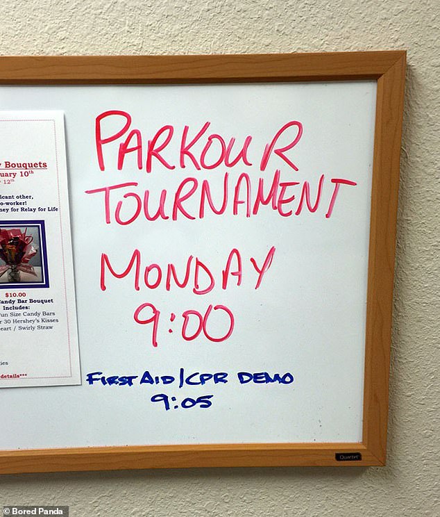 This American workplace is holding an ill-advised parkour tournament and someone is convinced he needs to take precautions