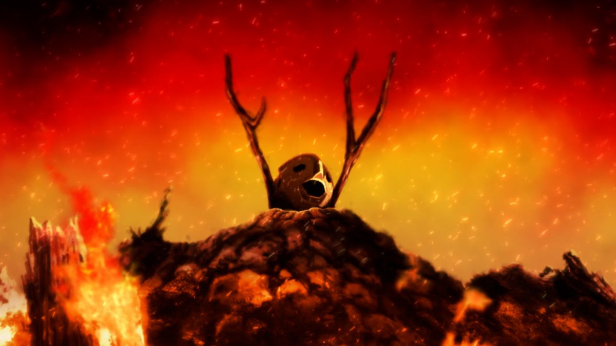 Mont Blanc's robot head is set on a hill between two branches of a burning tree in a forest, in a scene from the Netflix anime Pluto.