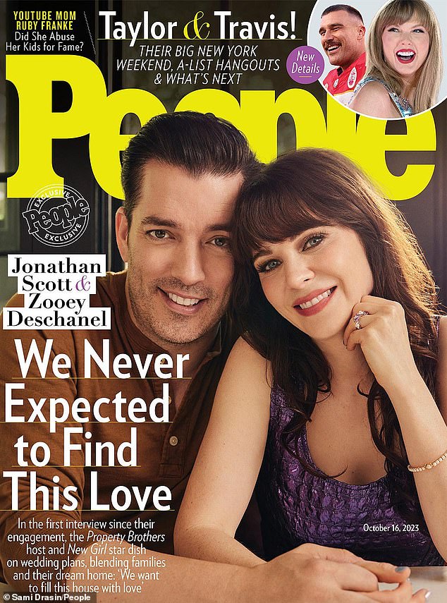 Looks of love: Zooey Deschanel, 43, and Jonathan Scott, 45, have given their first interview since their engagement earlier this year.  The couple told People magazine in their new cover story that they have not yet started planning their wedding, but are already living together in Los Angeles