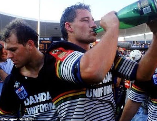 Geyer (pictured celebrating Penrith's 1991 grand final win) says he often attracted aggressive attention from pubgoers when he was drinking