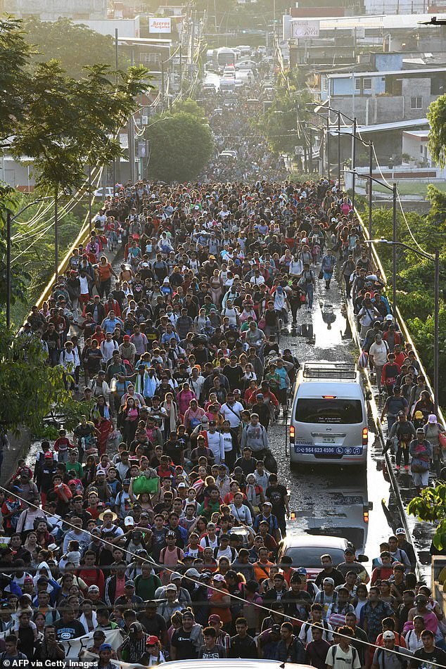 The migrants left Tapachula and traveled 15 kilometers to the town of Alvaro Obregón, where they slept Monday night and left early Tuesday morning hoping to walk about another 24 kilometers.