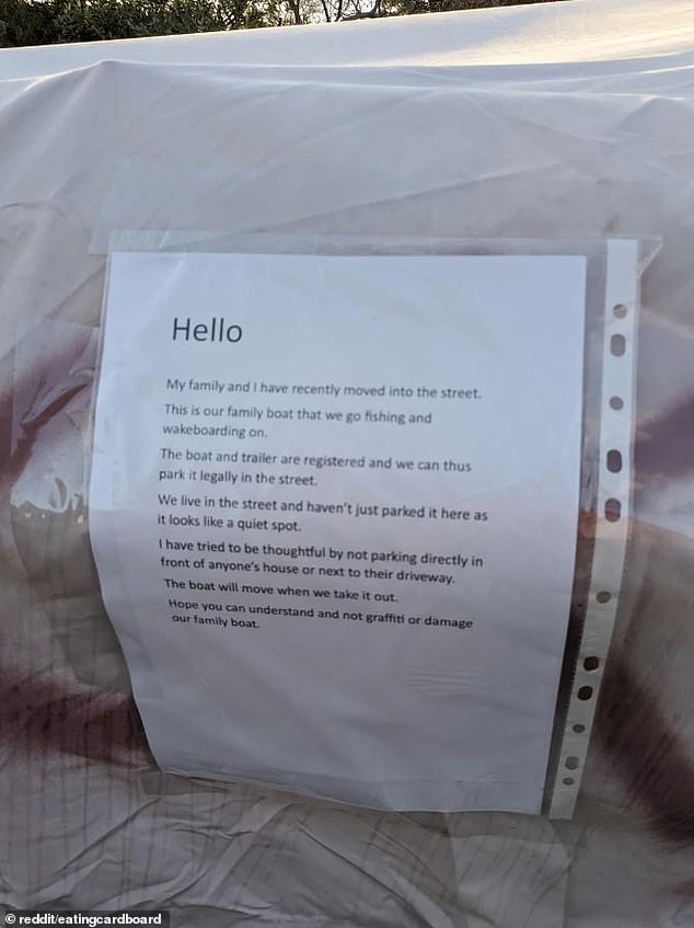 The owners of the wrecked boat hit back with a one-page typewritten letter, which was placed in a plastic sleeve and taped to the boat.