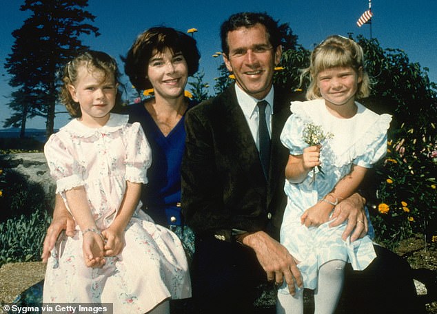 Bush Hager is pictured with her parents, George W. and Laura Bush, and her twin sister, Barbara Bush, in 1987, the year after her father quit drinking