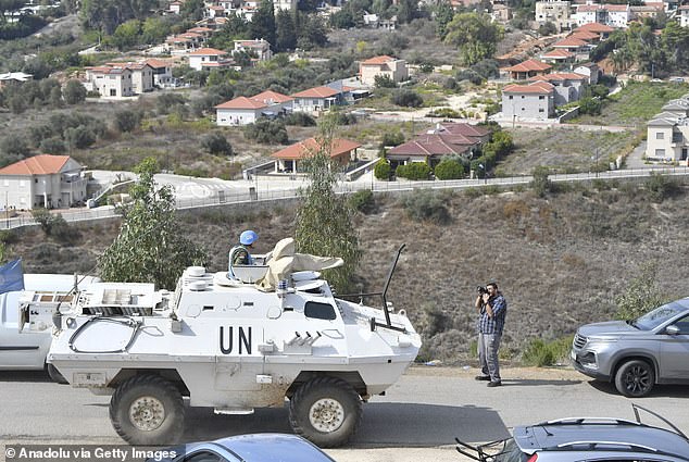 United Nations peacekeepers are pictured at the Israel-Lebanon border on October 11