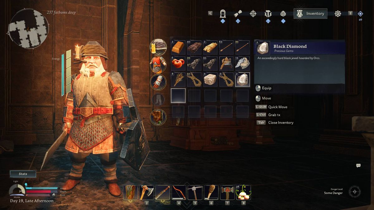 A menu shows a dwarf's inventory in Return to Moria.