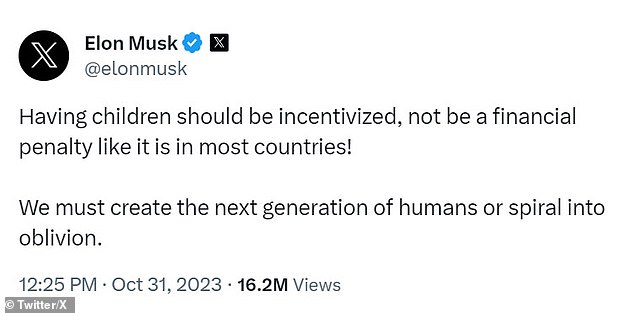 Musk wrote on the social media platform X, which he owns, that more needs to be done to encourage people to have children