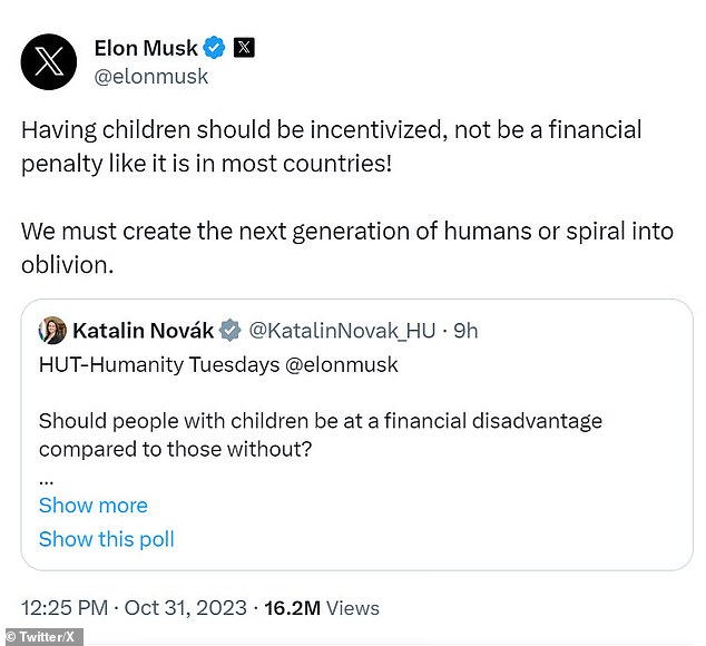 Musk's message was in response to the reaction of the president of Hungary, who posted a poll on the site with questions about child policy