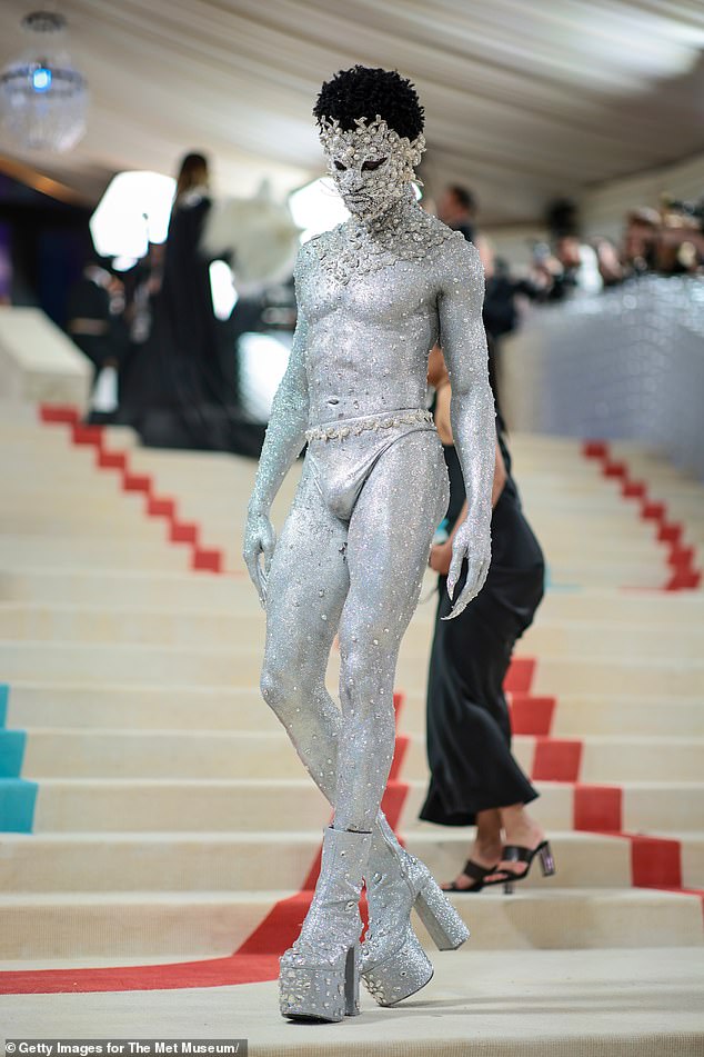 Wow: The star often makes a statement with his outfits and covered his entire body in silver paint and crystals for the 2023 Met Gala