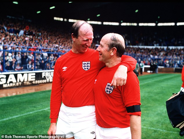 Sir Bobby and his brother Jack - who died three years ago - hugged after a match between England and West Germany in 1985. The brothers had a bitter feud but reconciled later in life.