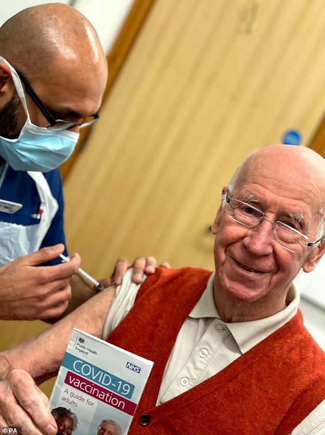 This is believed to be the last photo of Sir Bobby Charlton on February 20, 2021. He received a vaccine to help protect him against COVID-19, as celebrities tried to encourage as many people as possible to get the jab.