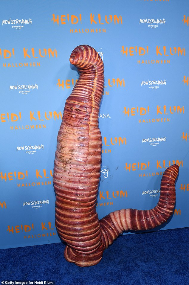 Wow: Klum slipped into a creepy ribbed red worm costume for her 21st annual Halloween party in 2022