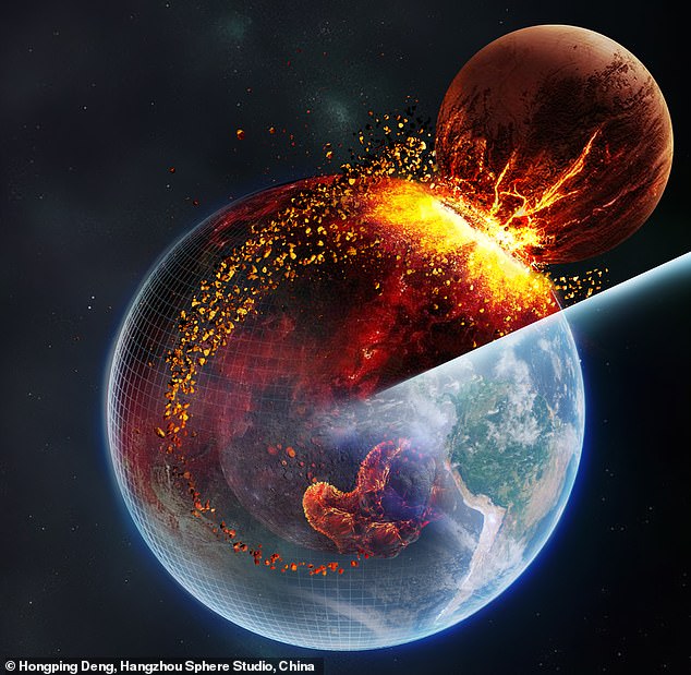 Theory: Experts believe the dense material sank to the lower region of Earth's mantle, where it gathered together to form heavy blobs above our planet's core that still exist today (shown in the center of the image of Earth).