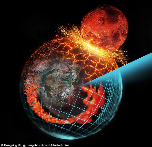 After performing a series of simulations, Professor Ding discovered that after the moon-forming impact, a large amount of Theian mantle material - about 2% of the Earth's mass - entered Gaia's lower mantle.  This is shown in orange in the artist's image above