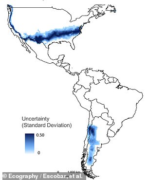 Above, in blue, an 'uncertainty map' revealing potential areas for vampire bat expansion