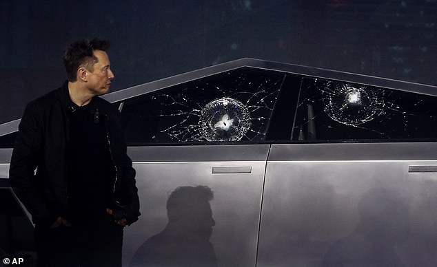 While the Cybertruck survived being shot with an arrow, it didn't fare well when it was smashed with a hammer during its unveiling in 2019 (pictured)