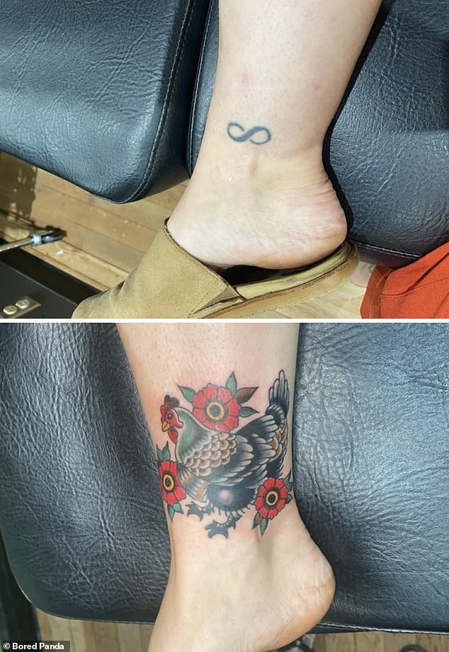 Another woman was given a faded infinity symbol covered in a colorful chicken design