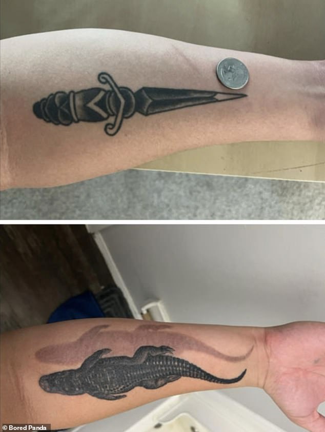 While someone else got a knife tattoo covered in incredibly detailed alligator ink