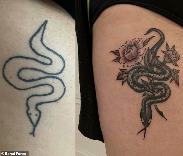 What is this?  A tatto fan was inked with a childish line drawing of a snake that was transformed into an artistic masterpiece