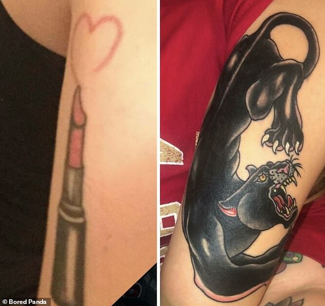 Roar-what!  This person went for something VERY different after getting a lipstick tattoo covered by a scary-looking panther