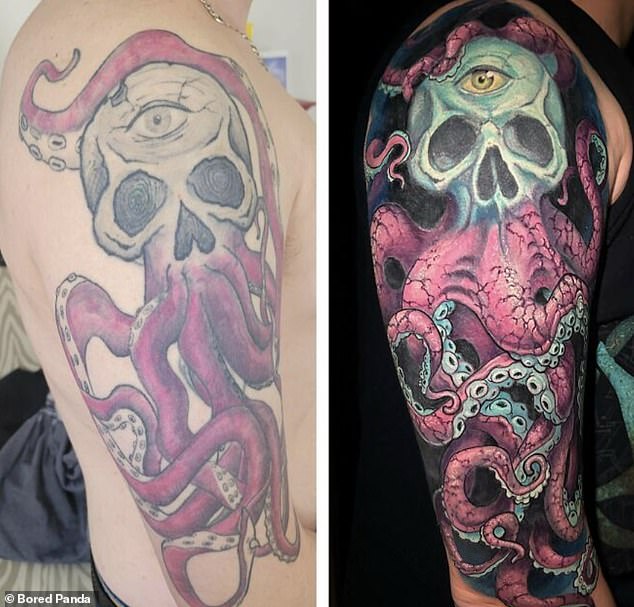 Although the first attempt at this skull/octopus tattoo doesn't look that bad, the cover-up is more colorful and detailed