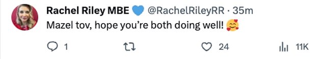 Congratulations: Running to the comments famous friends quickly sent their well wishes, while Countdown's Rachel Riley wrote: 'Mozel tov, I hope you're doing well'