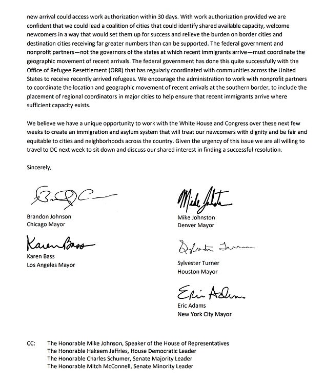 The mayors asked Biden for $5 billion in funding to help their cities cope.  They said they were willing to travel to Washington for a meeting next week because of the urgency