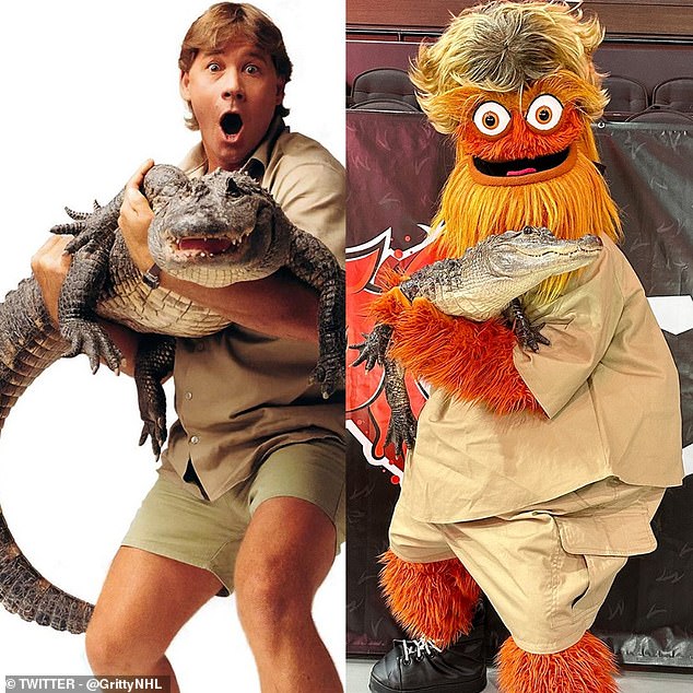Gritty got his hands on 'Wally' the alligator as part of a Steve Irwin Halloween costume