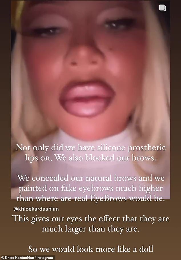 Body horror: Khloé reposted a video of herself dramatically removing her prosthetic lip while explaining what she did to make herself look like a Bratz doll