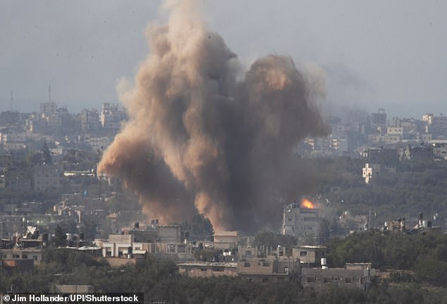 Israeli bombing of an area within the Gaza Strip, seen from a position in southern Israel on Tuesday.  The attack killed more than fifty people, including top Hamas commander Ibrahim Biari