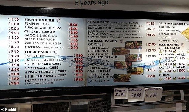 This shot, taken five years ago at western Sydney fish and chip shop Great North Seafood, shows the pace of price increases has increased alarmingly