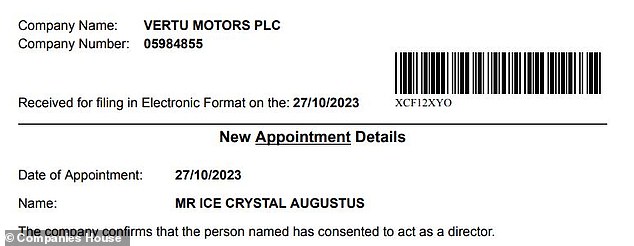 'Mr Ice Crystal Augustus' was depicted as being appointed director at Vertu