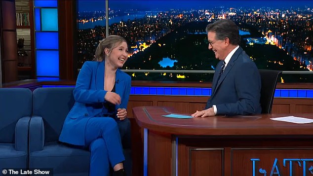 Stunned: Colbert revealed he video-called her last night after taping the Late Show to tell her she'd landed on After Midnight, before showing the audience the footage of her reaction, 'the moment I told you told you you had the job', as she was clearly stunned