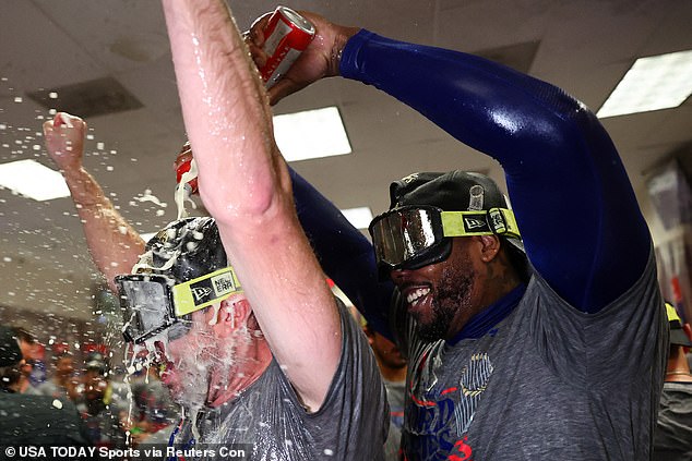 Back in the locker room, the players put on their goggles and got the drinks flowing