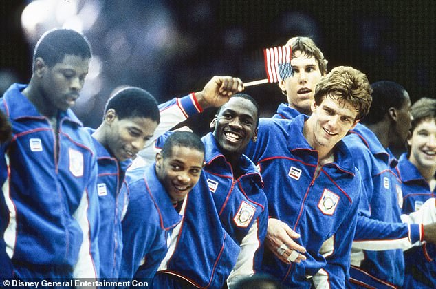 (From left to right) Patrick Ewing, Vern Fleming, Alvin Robertson, Michael Jordan, Joe Kleine, Jon Koncak, Chris Mullin - all members of the 1984 gold medal-winning U.S. basketball team