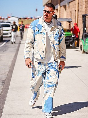 Kelce wore a blue and white denim co-ord on September 24