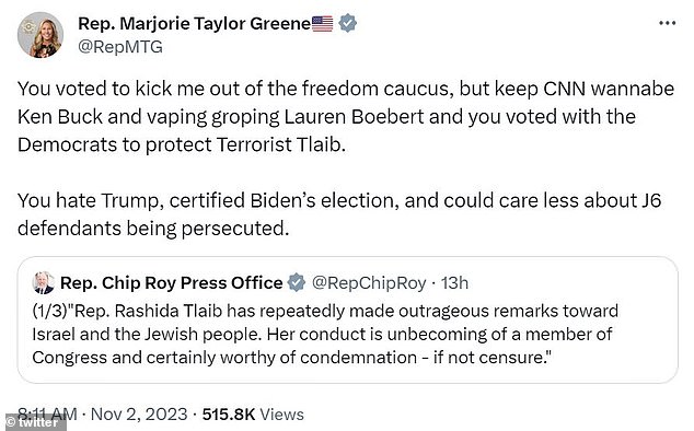 Representative Greene blasted her Republican colleague for voting to remove her from the freedom rally but not voting to censure Tlaib