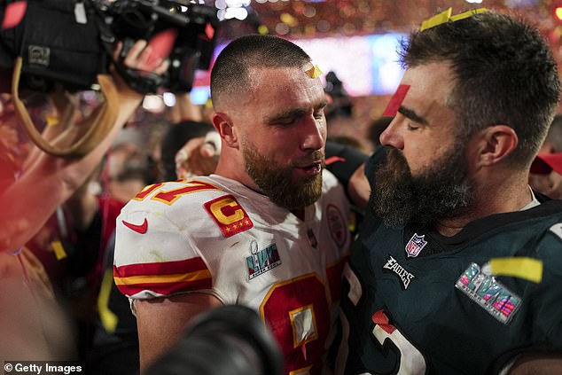 Bond: The 71-year-old is the mother of NFL stars Travis (left) and Jason Kelce, who were seen together at the Super Bowl in Glendale, Arizona in July