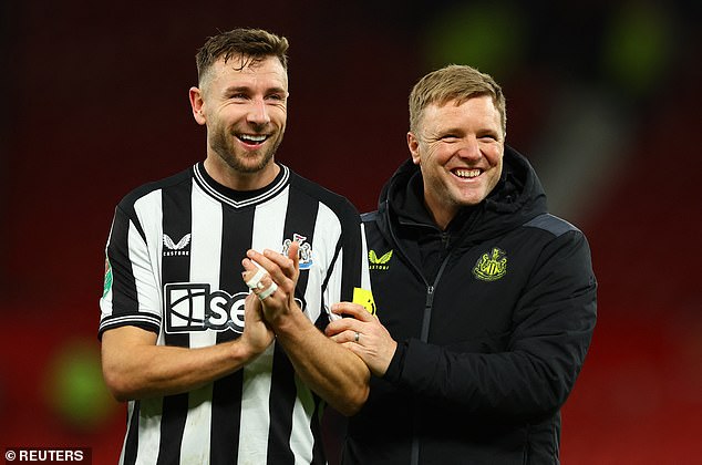 But there was something almost uniquely weak and silly about Ten Hag's United as they were dumped out of the Carabao Cup by Eddie Howe's (right) Newcastle on Wednesday.