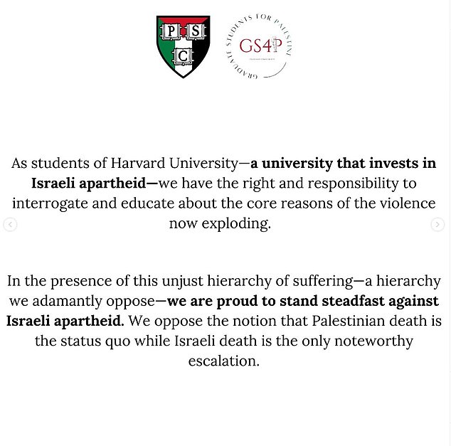 A statement signed by more than 30 Harvard student groups.  It was published before Israel had taken a single reprisal for the Palestinian terrorist massacre that killed 1,400 people.