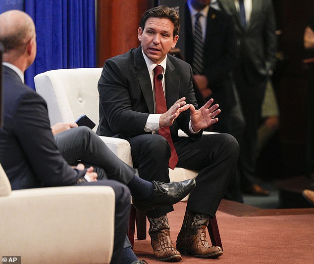 Gov. DeSantis dons brown cowboy boots during a speech at the Heritage Foundation in Washington, DC on Friday, October 27