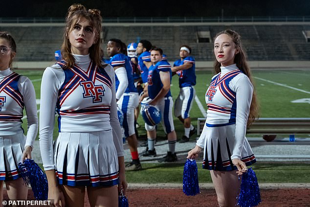 Bottoms is a feisty, foul-mouthed, funny, sometimes violent and above all non-heterosexual subversion of all those well-known American high school comedies about naughty quarterbacks and sexy cheerleaders.  (L-R) Virginia Tucker as Stella Rebecca, Kaia Gerber as Brittany and Havana Rose Liu as Isabel